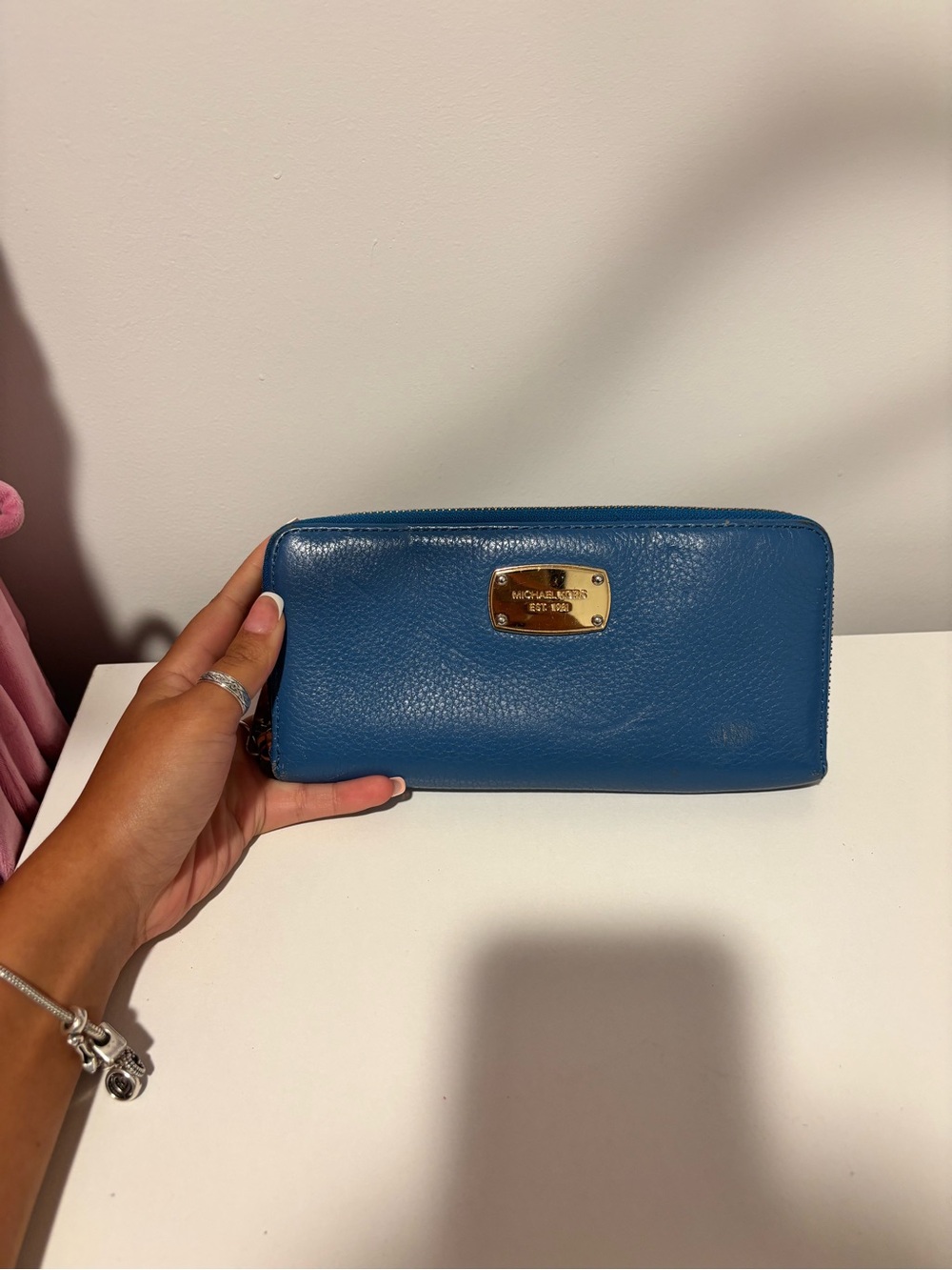 💕Michael Kors Teal Pebbled Leather Zip Wallet with Gold Plaque💕